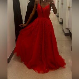 Red Lace Aline Floor Length Open-back Prom dress